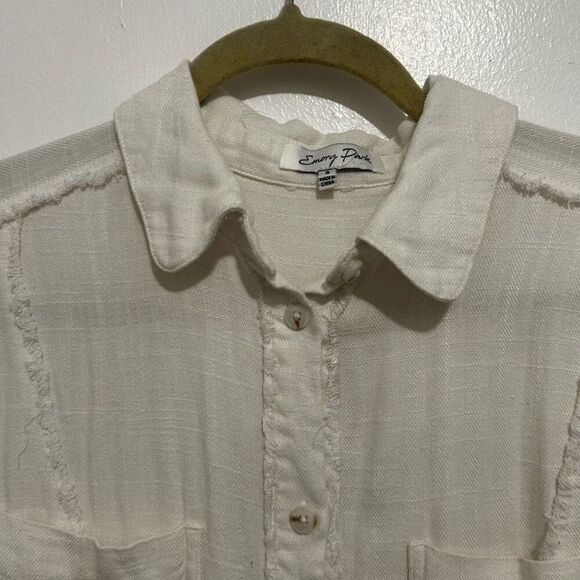 Emory Park White Linen Blend Button Front Blouse Size S Classic Neutral Minimal - Picture 3 of 10